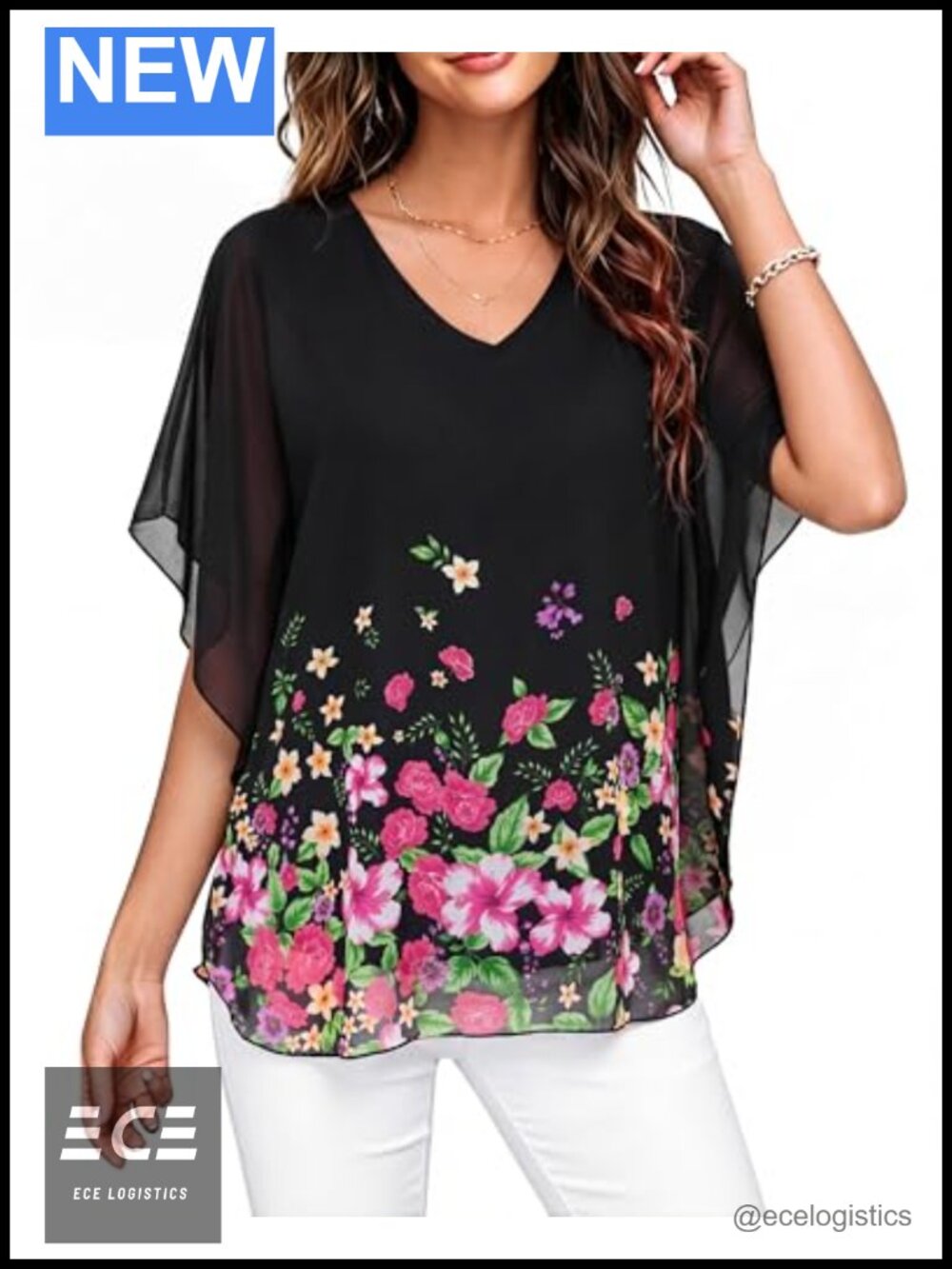 Womens Chiffon Flutter Sleeve Double-Layered Tunic Blouse Dressy Work Top